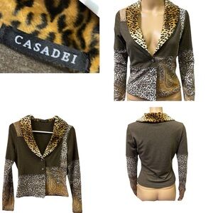 Casadei Mixed Media Vintage Leopard Paisley Lightweight Jacket Faux Fur Collar S